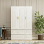 Grande armoire-penderie avec tiroirs et tringle – Blanc, 2 hauteurs, Poignées dorées