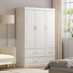 Grande armoire-penderie avec tiroirs et tringle – Blanc, 2 hauteurs, Poignées dorées
