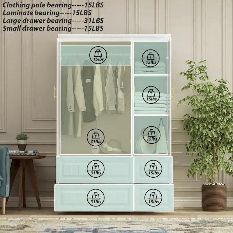 Grande armoire-penderie avec tiroirs et tringle – Blanc, 2 hauteurs, Poignées dorées