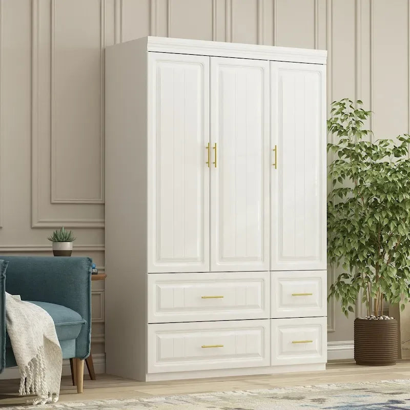 Grande armoire-penderie avec tiroirs et tringle – Blanc, 2 hauteurs, Poignées dorées
