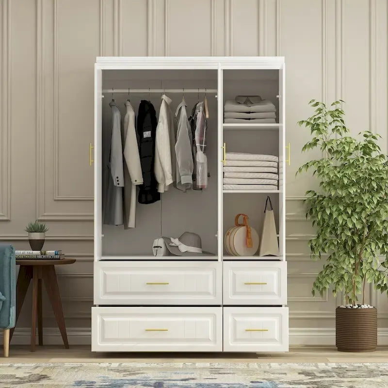 Grande armoire-penderie avec tiroirs et tringle – Blanc, 2 hauteurs, Poignées dorées