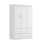 Grande armoire-penderie avec tiroirs et tringle – Blanc, 2 hauteurs, Poignées dorées