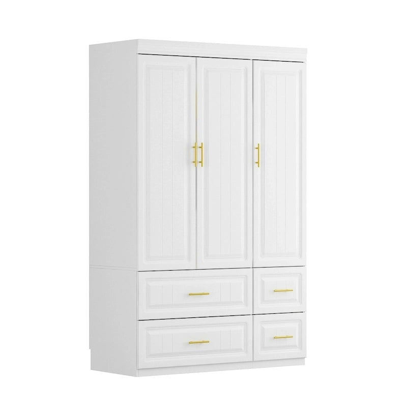 Grande armoire-penderie avec tiroirs et tringle – Blanc, 2 hauteurs, Poignées dorées