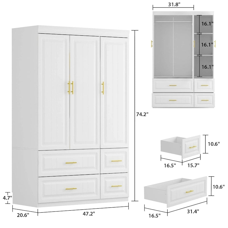 Grande armoire-penderie avec tiroirs et tringle – Blanc, 2 hauteurs, Poignées dorées