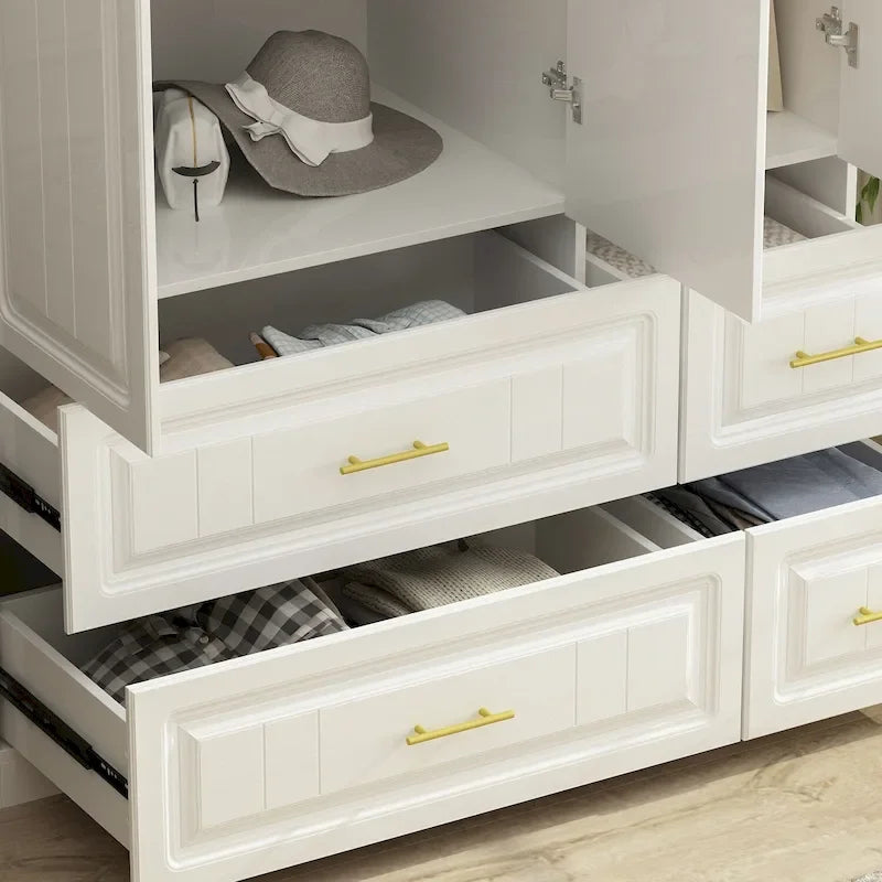 Grande armoire-penderie avec tiroirs et tringle – Blanc, 2 hauteurs, Poignées dorées