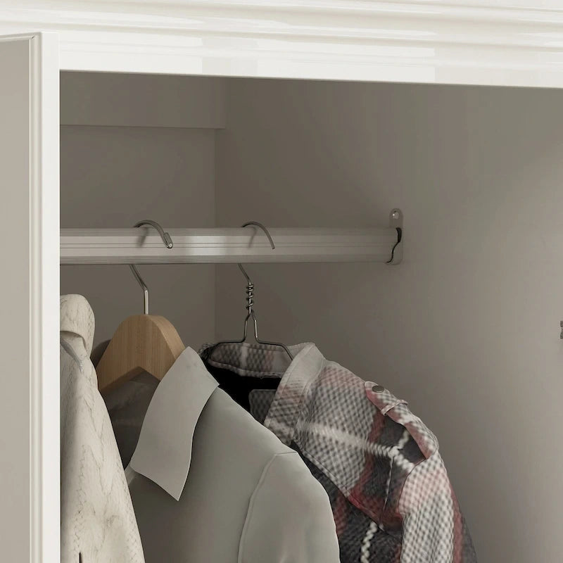 Grande armoire-penderie avec tiroirs et tringle – Blanc, 2 hauteurs, Poignées dorées