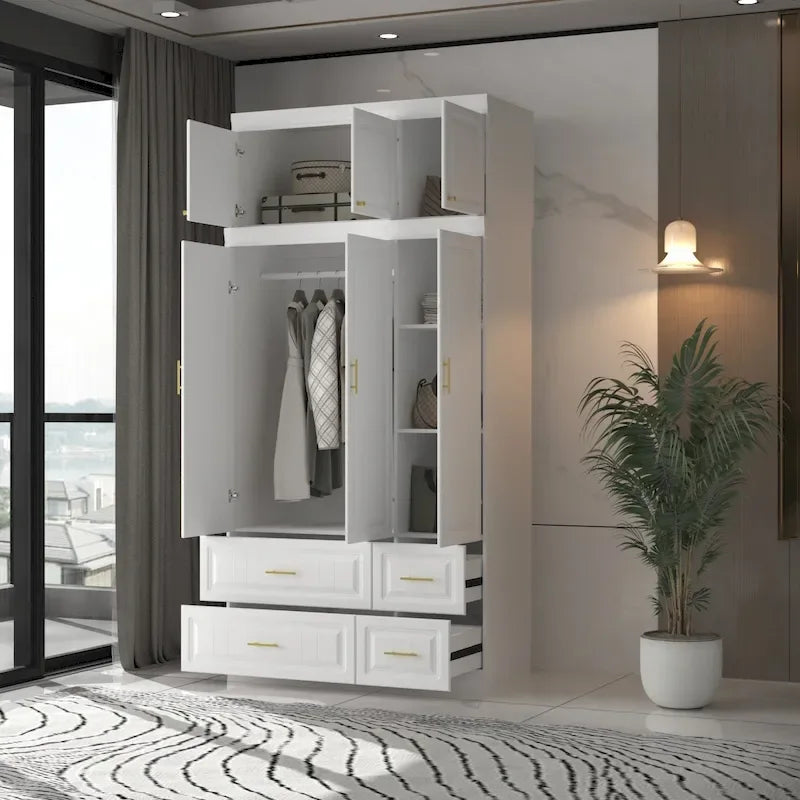 Grande armoire-penderie avec tiroirs et tringle – Blanc, 2 hauteurs, Poignées dorées