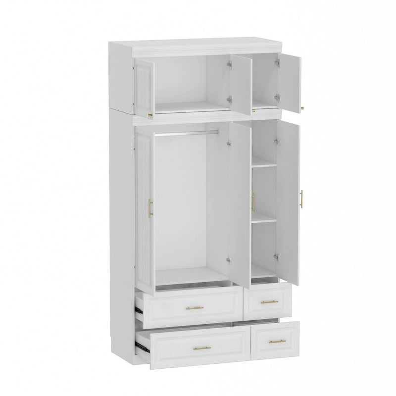 Grande armoire-penderie avec tiroirs et tringle – Blanc, 2 hauteurs, Poignées dorées