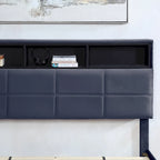 Lit plateforme en velours gris avec tête de lit bibliothèque et port USB – Gris, 3 étagères de rangement, Grand lit / Très grand lit / Très grand lit californien, 2 places