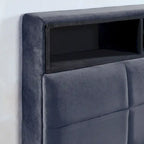 Lit plateforme en velours gris avec tête de lit bibliothèque et port USB – Gris, 3 étagères de rangement, Grand lit / Très grand lit / Très grand lit californien, 2 places