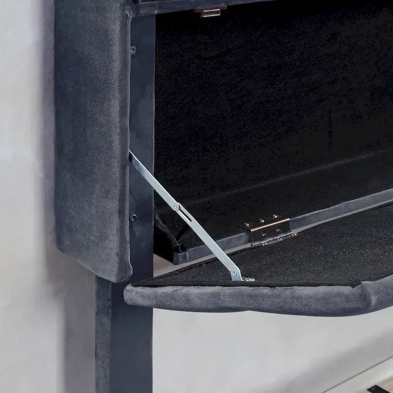 Lit plateforme en velours gris avec tête de lit bibliothèque et port USB – Gris, 3 étagères de rangement, Grand lit / Très grand lit / Très grand lit californien, 2 places