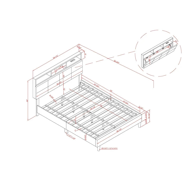 Lit plateforme en velours gris avec tête de lit bibliothèque et port USB – Gris, 3 étagères de rangement, Grand lit / Très grand lit / Très grand lit californien, 2 places