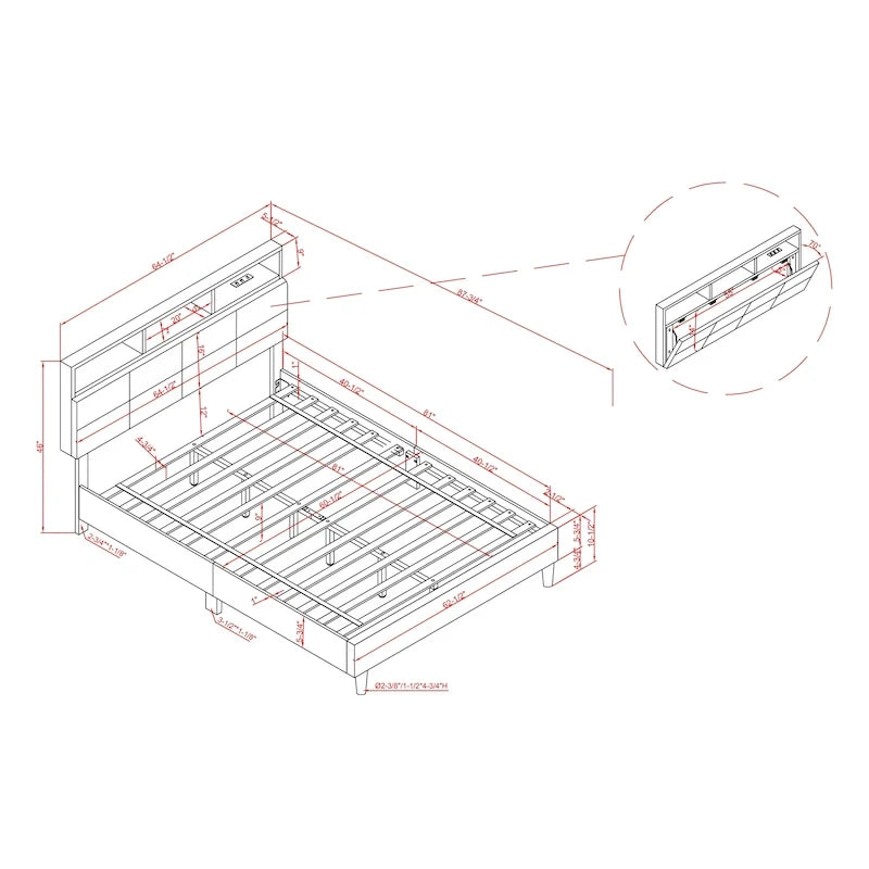 Lit plateforme en velours gris avec tête de lit bibliothèque et port USB – Gris, 3 étagères de rangement, Grand lit / Très grand lit / Très grand lit californien, 2 places