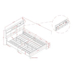 Lit plateforme en velours gris avec tête de lit bibliothèque et port USB – Gris, 3 étagères de rangement, Grand lit / Très grand lit / Très grand lit californien, 2 places
