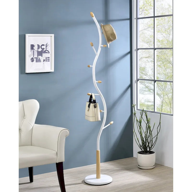 Porte-manteau sur pied en métal avec embouts de crochets en bois – Noir / Blanc, style branche, 9 crochets