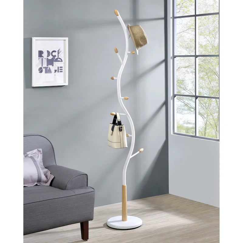 Porte-manteau sur pied en métal avec embouts de crochets en bois – Noir / Blanc, style branche, 9 crochets