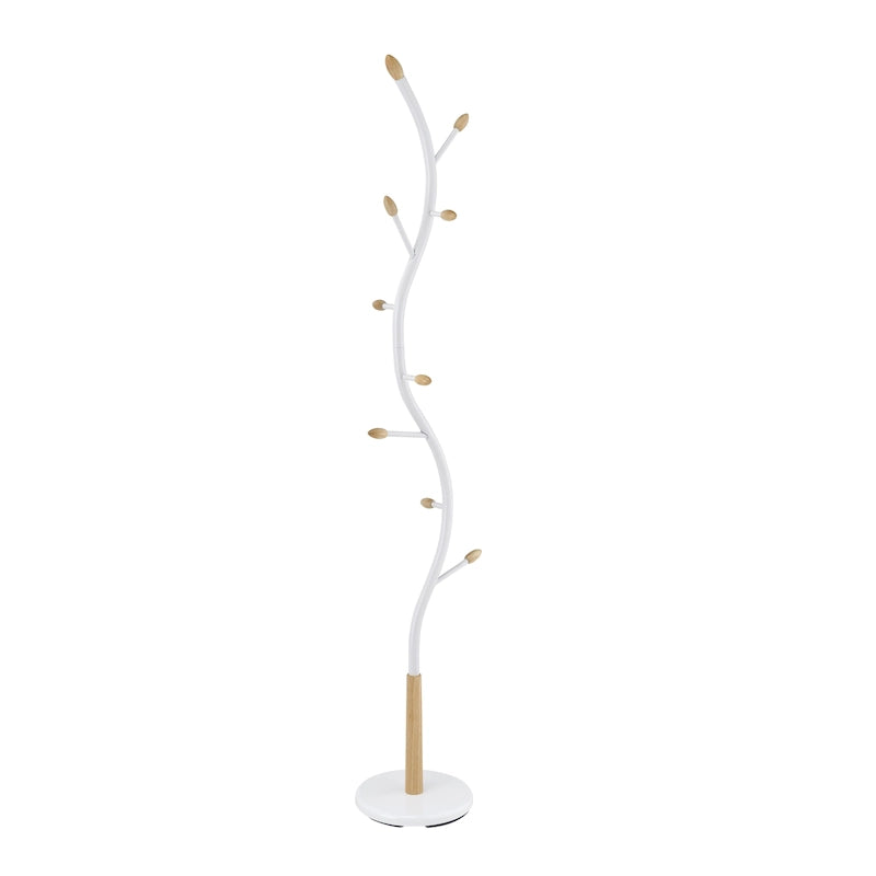 Porte-manteau sur pied en métal avec embouts de crochets en bois – Noir / Blanc, style branche, 9 crochets