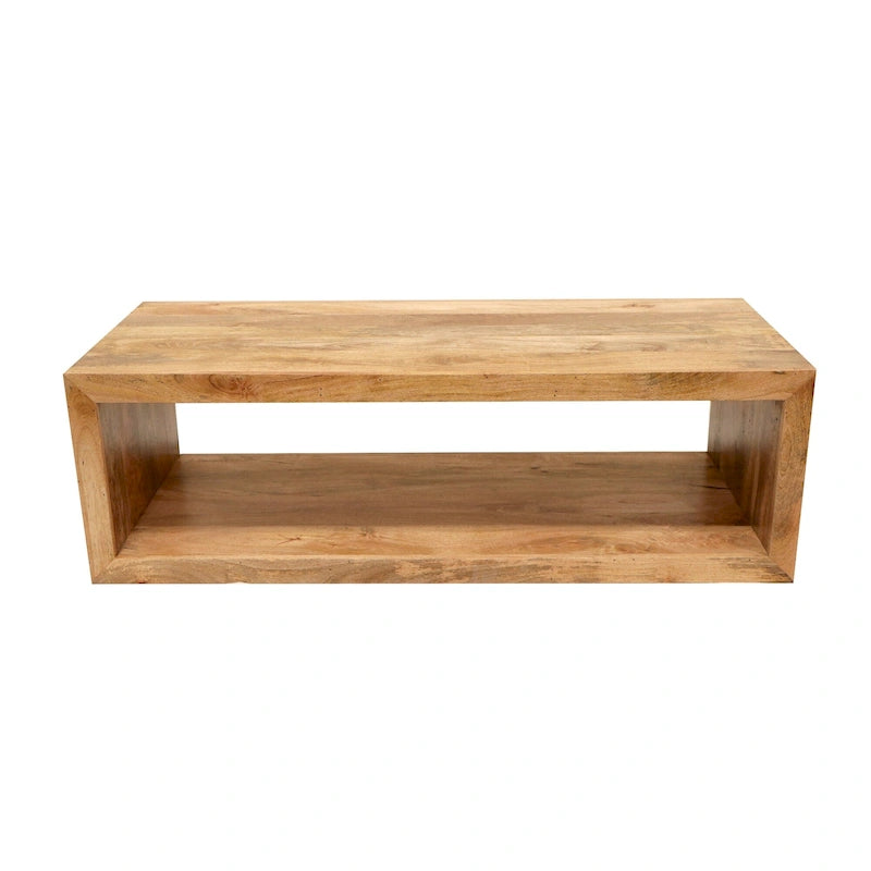 Table Basse Cube Ouvert en Bois de Mangue – Marron Naturel, 1 Étagère, 2-4 Places