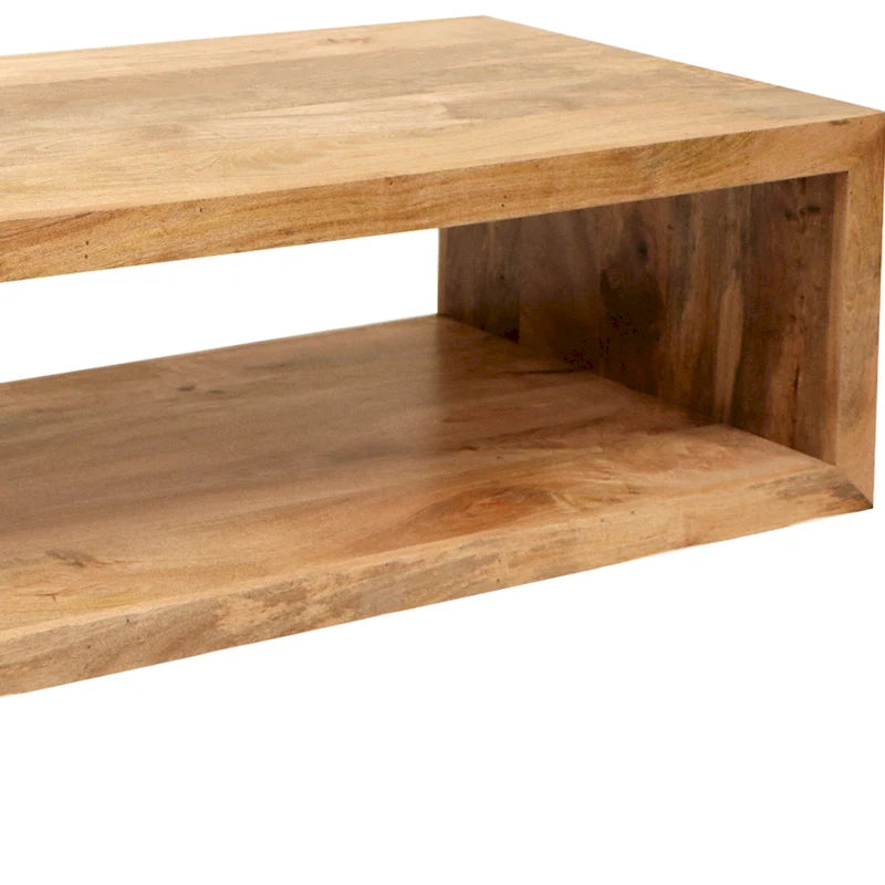 Table Basse Cube Ouvert en Bois de Mangue – Marron Naturel, 1 Étagère, 2-4 Places