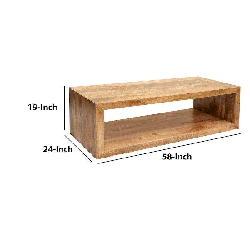 Table Basse Cube Ouvert en Bois de Mangue – Marron Naturel, 1 Étagère, 2-4 Places