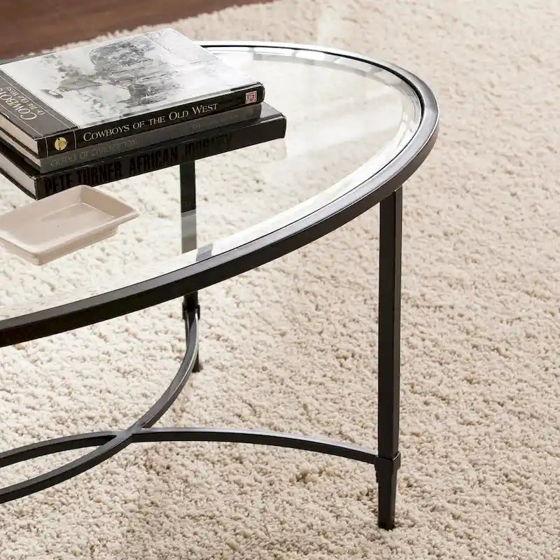 Table basse ovale en verre – Noir mat, cadre métallique, pour 2 à 4 personnes