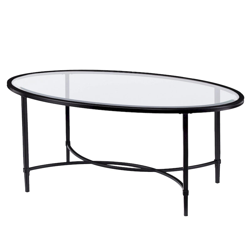 Table basse ovale en verre – Noir mat, cadre métallique, pour 2 à 4 personnes