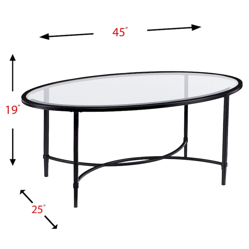 Table basse ovale en verre – Noir mat, cadre métallique, pour 2 à 4 personnes