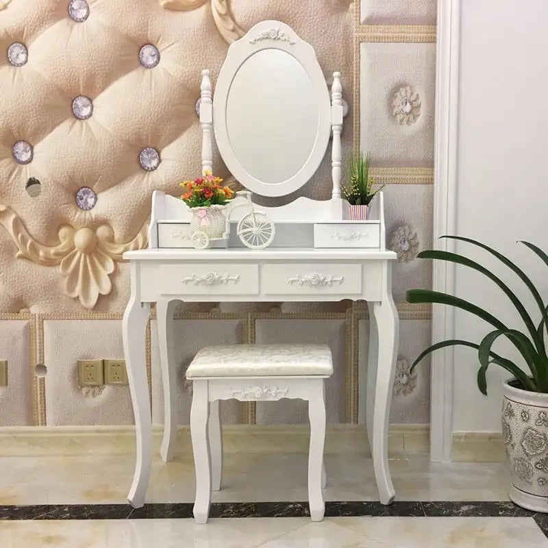 Rotation White Mirror Dressing Vanity Table Makeup Desk with Stool - (29.52 x 15.75 x 56.1) 