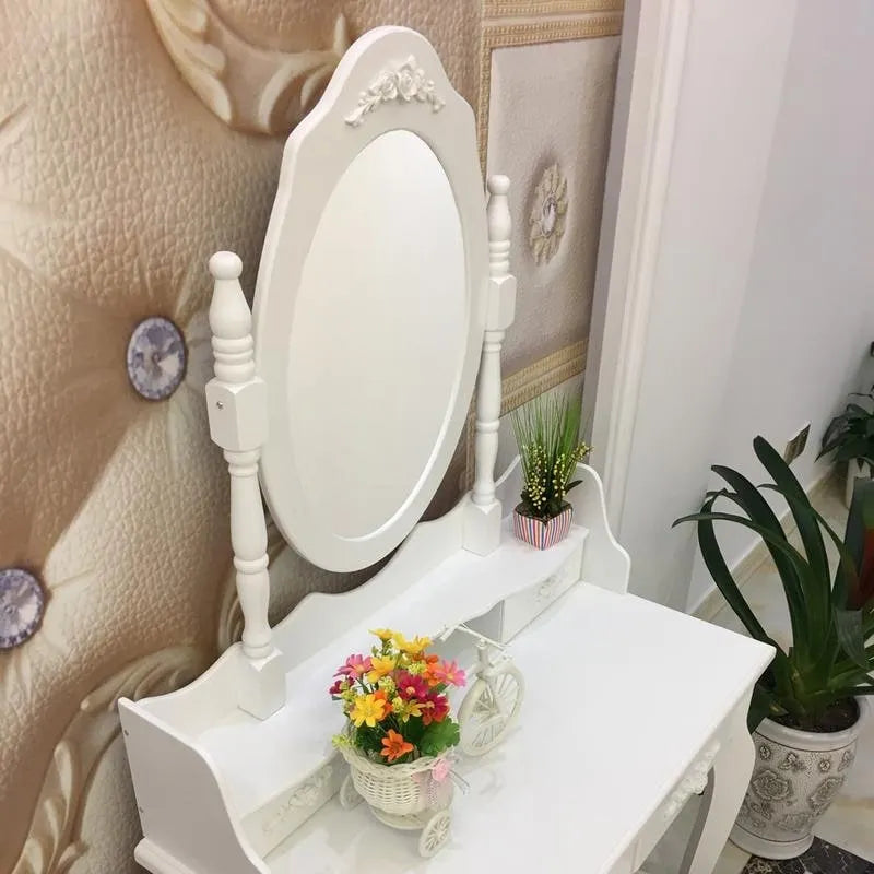 Coiffeuse avec miroir rotatif à 360° et tabouret – Blanc, 4 tiroirs, 1 place