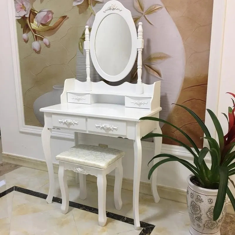 Coiffeuse avec miroir rotatif à 360° et tabouret – Blanc, 4 tiroirs, 1 place