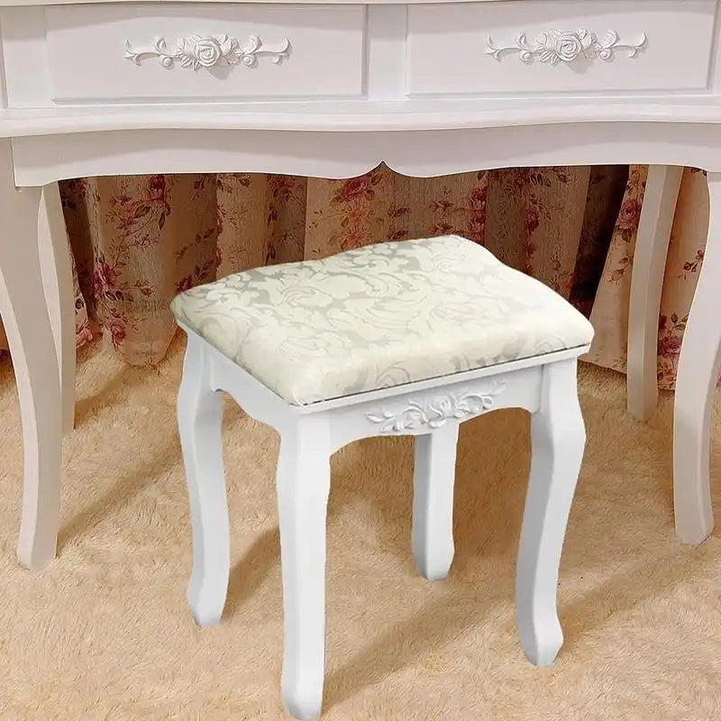 Coiffeuse avec miroir rotatif à 360° et tabouret – Blanc, 4 tiroirs, 1 place