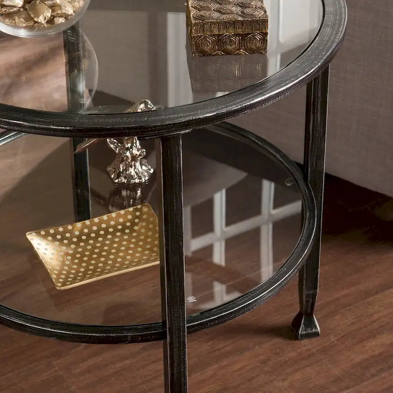 Table d'appoint ronde en métal avec plateau en verre – Noir vieilli, étagère vitrine, pour 1 personne