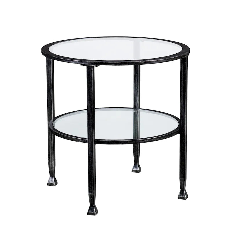 Table d'appoint ronde en métal avec plateau en verre – Noir vieilli, étagère vitrine, pour 1 personne