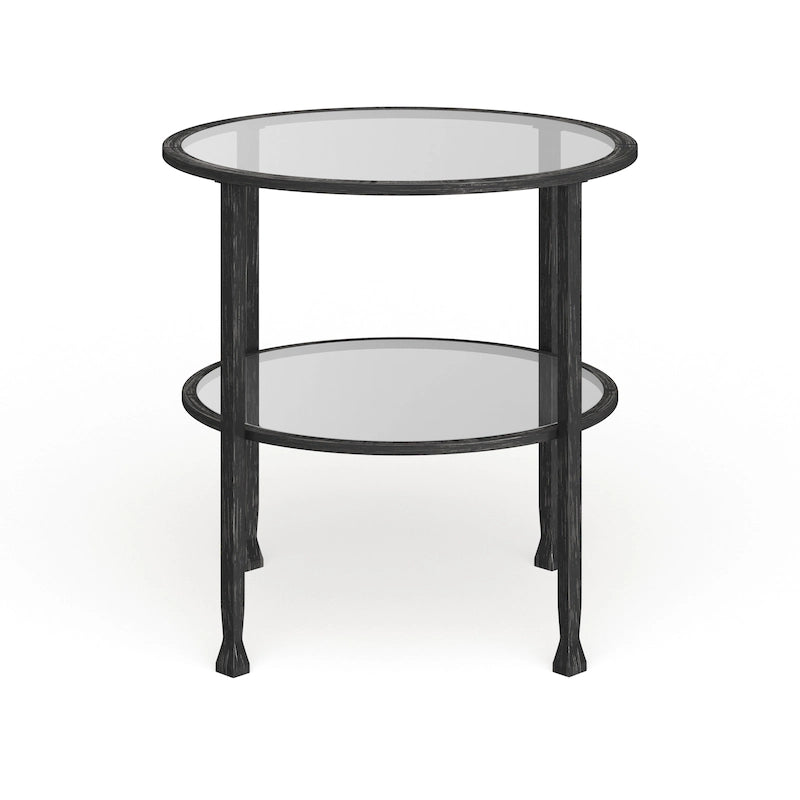 Table d'appoint ronde en métal avec plateau en verre – Noir vieilli, étagère vitrine, pour 1 personne