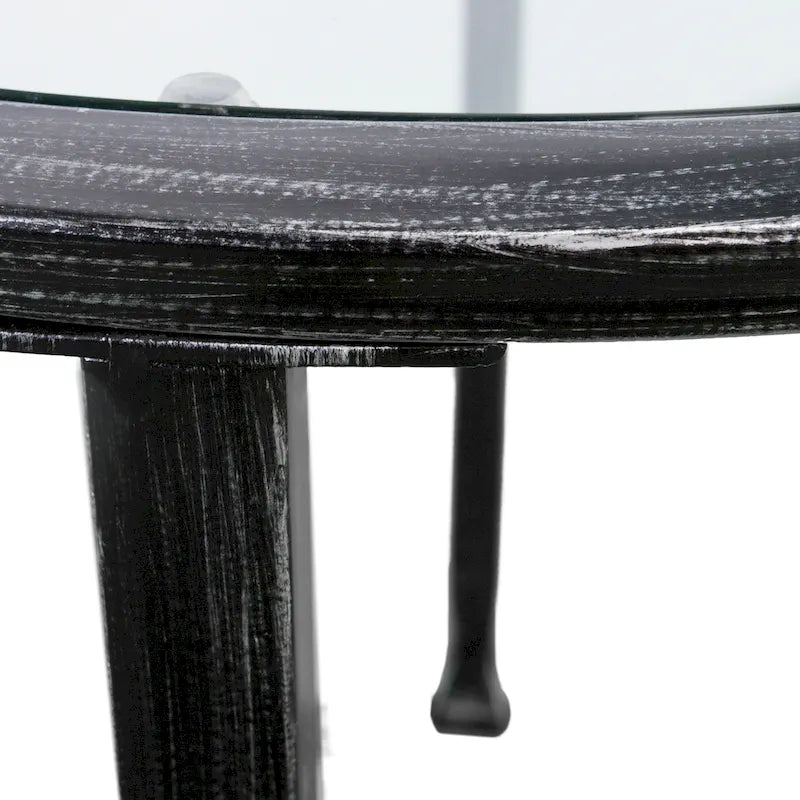 Table d'appoint ronde en métal avec plateau en verre – Noir vieilli, étagère vitrine, pour 1 personne