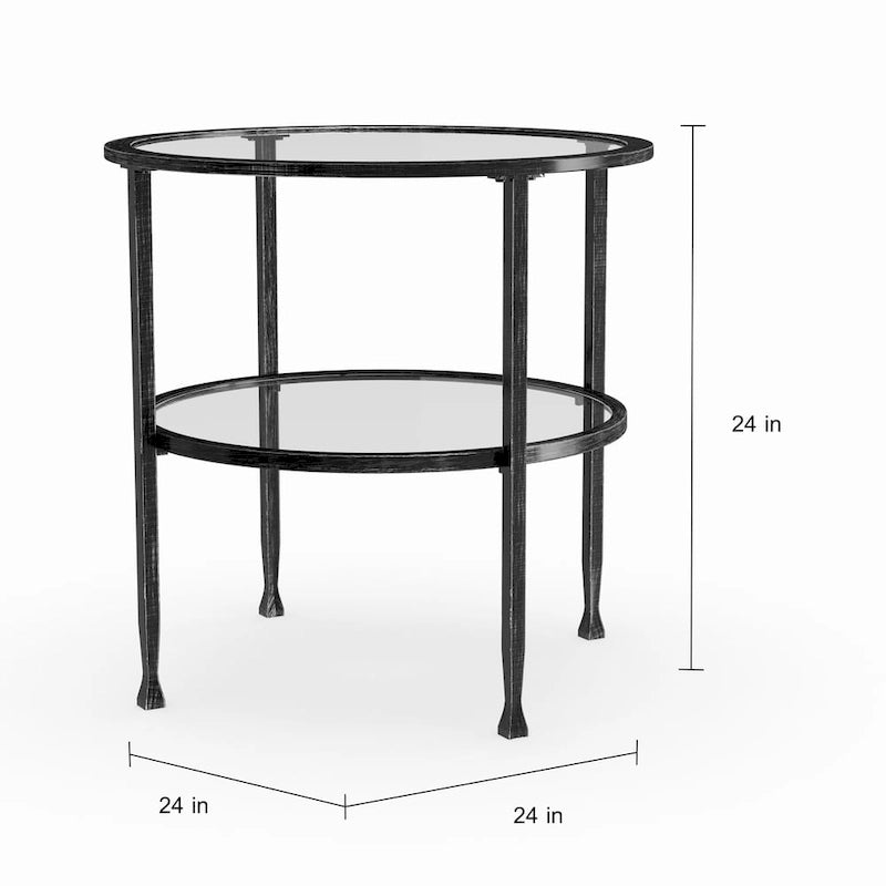 Table d'appoint ronde en métal avec plateau en verre – Noir vieilli, étagère vitrine, pour 1 personne