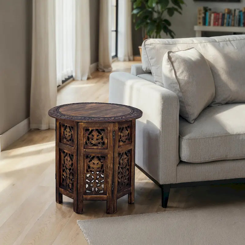 Table d'appoint pliante ronde en bois de manguier – Noyer, sculptée à la main, 1 place