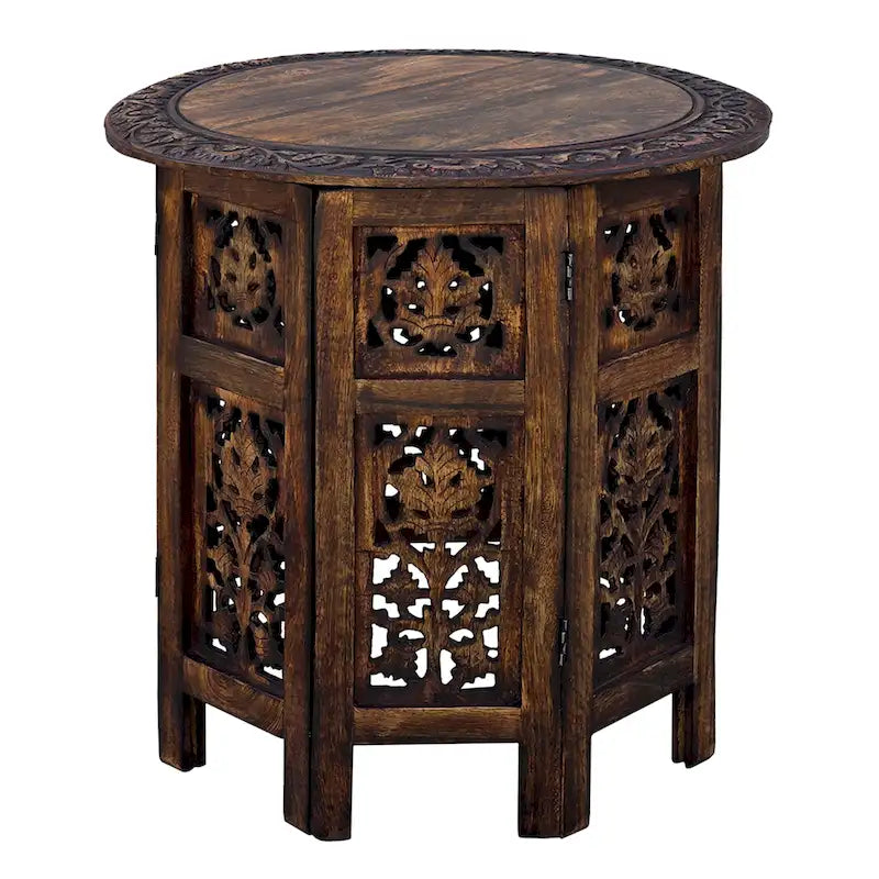Table d'appoint pliante ronde en bois de manguier – Noyer, sculptée à la main, 1 place