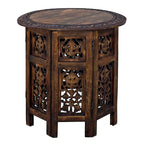 Table d'appoint pliante ronde en bois de manguier – Noyer, sculptée à la main, 1 place