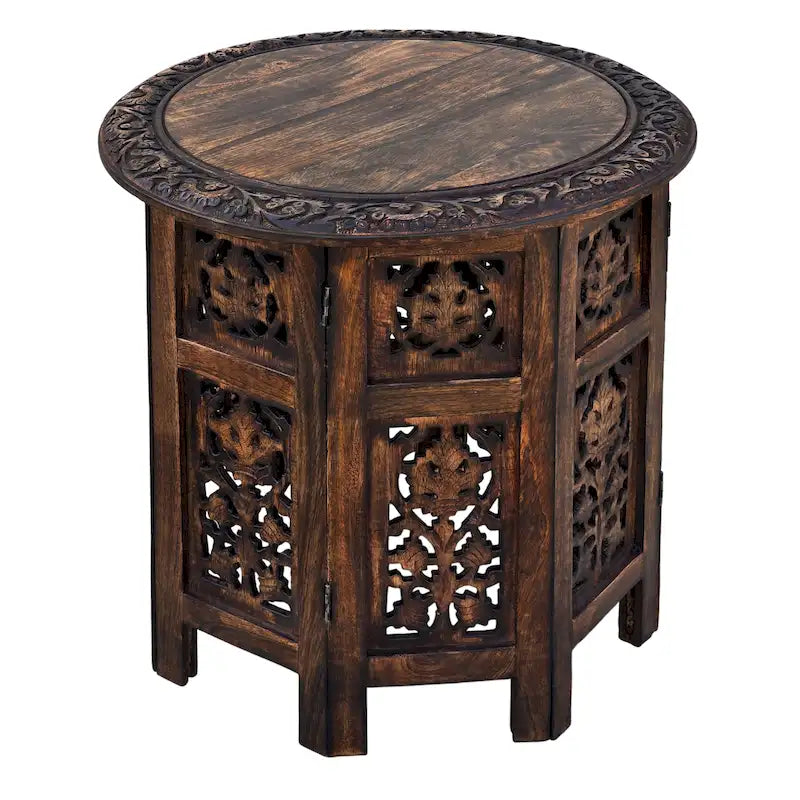 Table d'appoint pliante ronde en bois de manguier – Noyer, sculptée à la main, 1 place