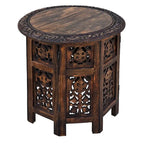 Table d'appoint pliante ronde en bois de manguier – Noyer, sculptée à la main, 1 place