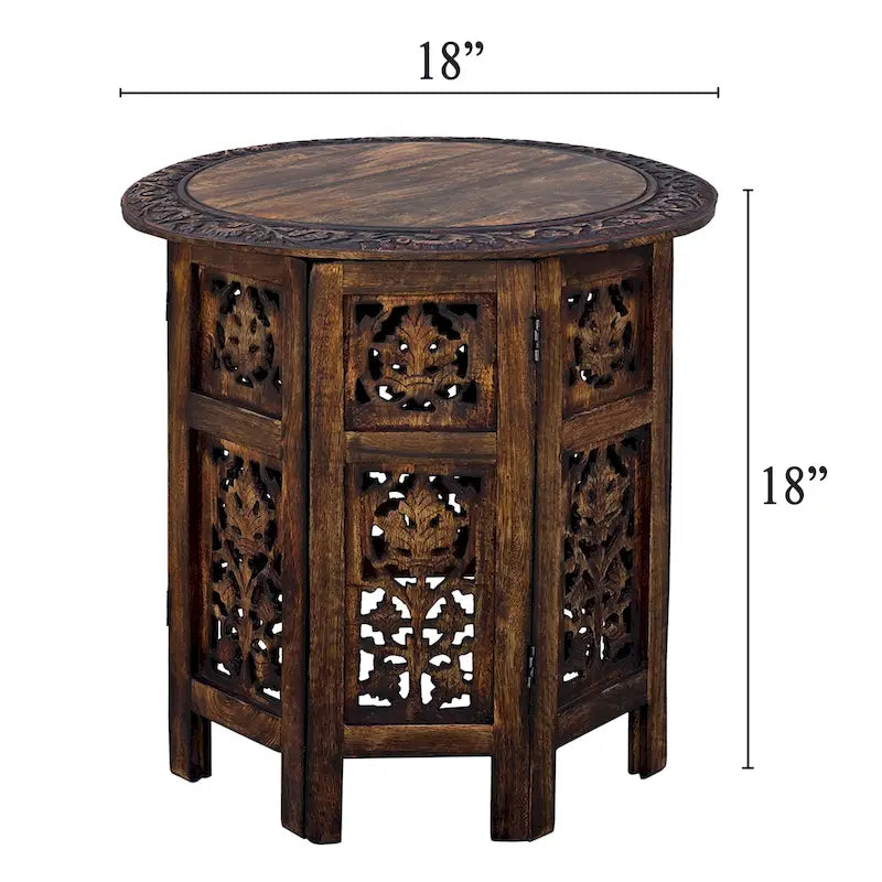 Table d'appoint pliante ronde en bois de manguier – Noyer, sculptée à la main, 1 place