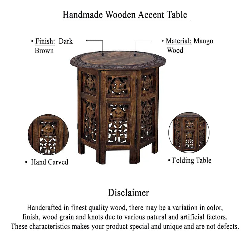 Table d'appoint pliante ronde en bois de manguier – Noyer, sculptée à la main, 1 place