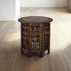 Table d'appoint pliante ronde en bois de manguier – Noyer, sculptée à la main, 1 place