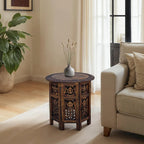 Table d'appoint pliante ronde en bois de manguier – Noyer, sculptée à la main, 1 place