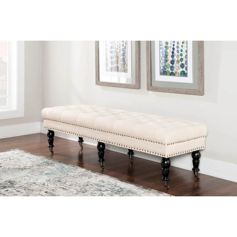 Banc d'entrée en lin capitonné – Blanc cassé, capitonnage à boutons, 2 places