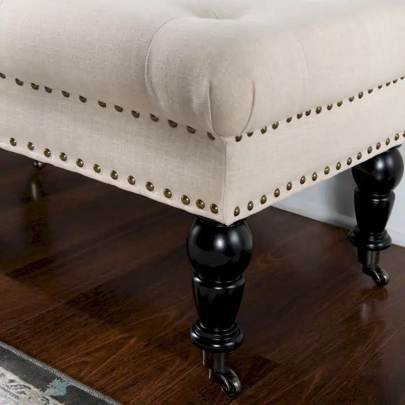 Banc d'entrée en lin capitonné – Blanc cassé, capitonnage à boutons, 2 places