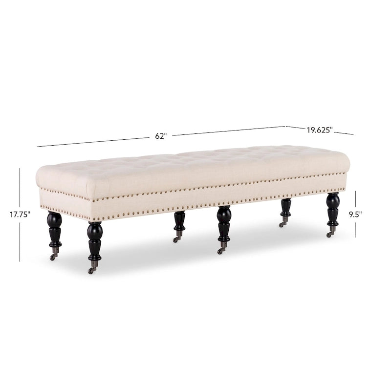 Banc d'entrée en lin capitonné – Blanc cassé, capitonnage à boutons, 2 places