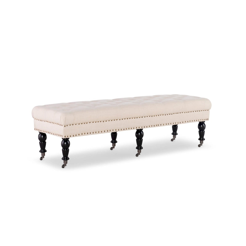 Banc d'entrée en lin capitonné – Blanc cassé, capitonnage à boutons, 2 places