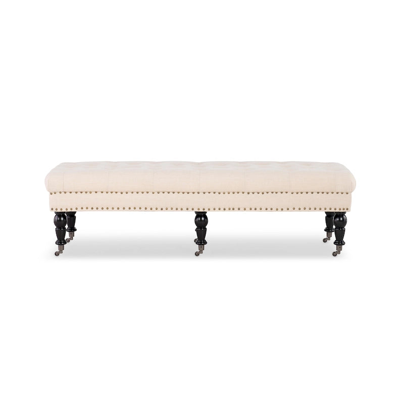 Banc d'entrée en lin capitonné – Blanc cassé, capitonnage à boutons, 2 places